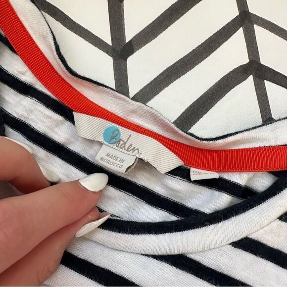 Boden Size 4 Navy and White Striped Knee Length Dress with Orange Ruffle Sleeve - Picture 4 of 4